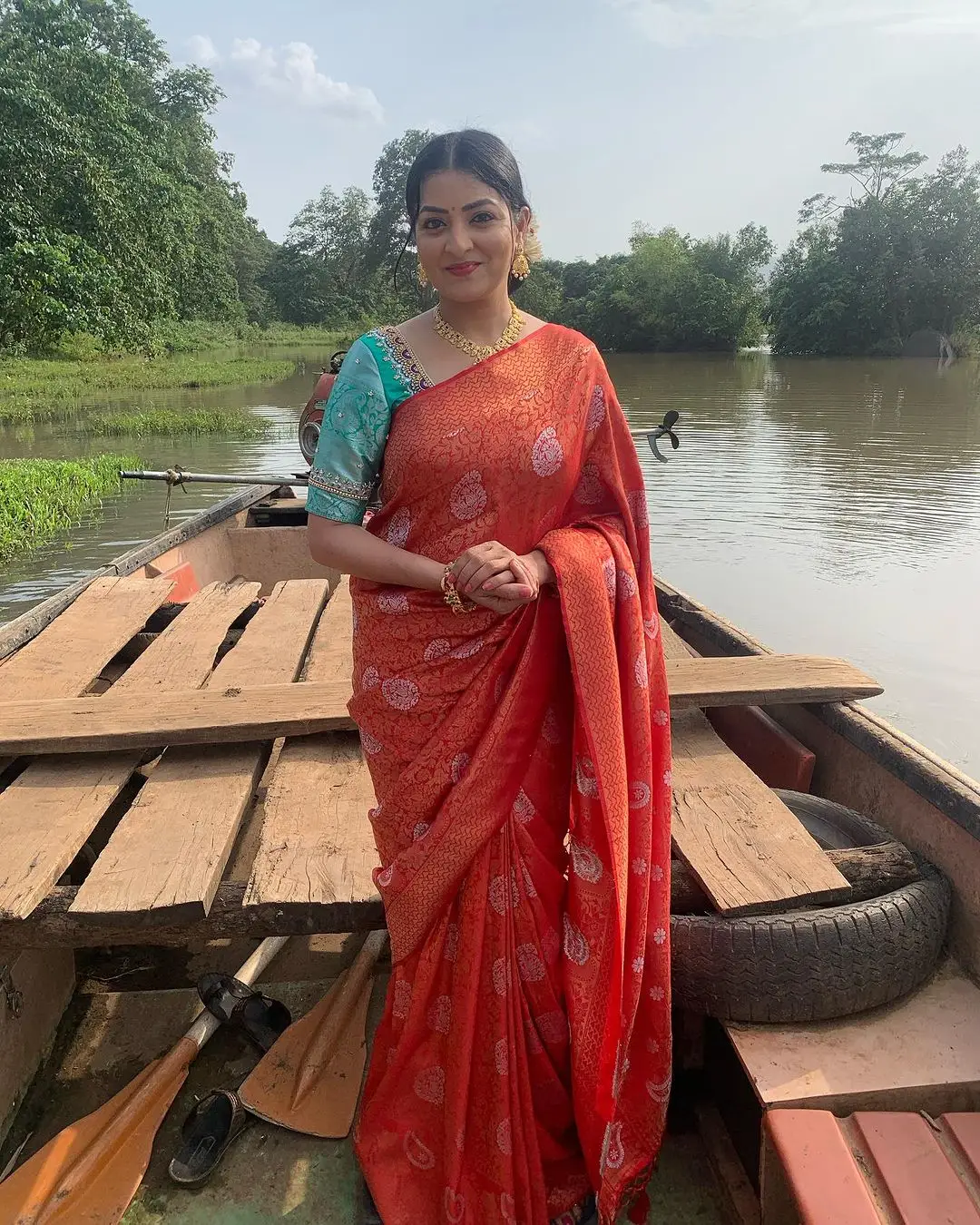 ETV Abhiruchi Madhuri Kandavalli In Traditional Orange Saree Blue Blouse